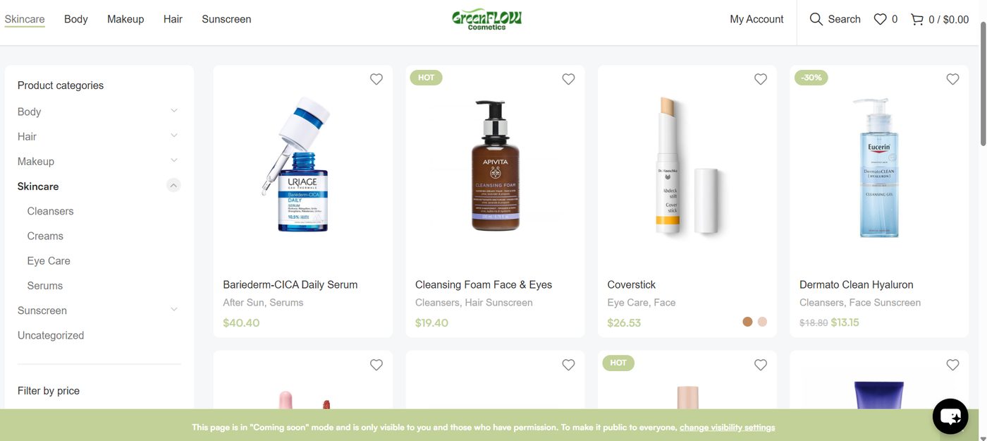 Green Flow website product listing